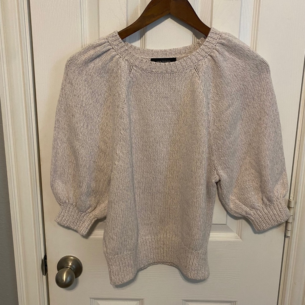 Ann Taylor Womens Small Puff‎ Sleeve Knit Sweater Lilac Purple Cotton Blend